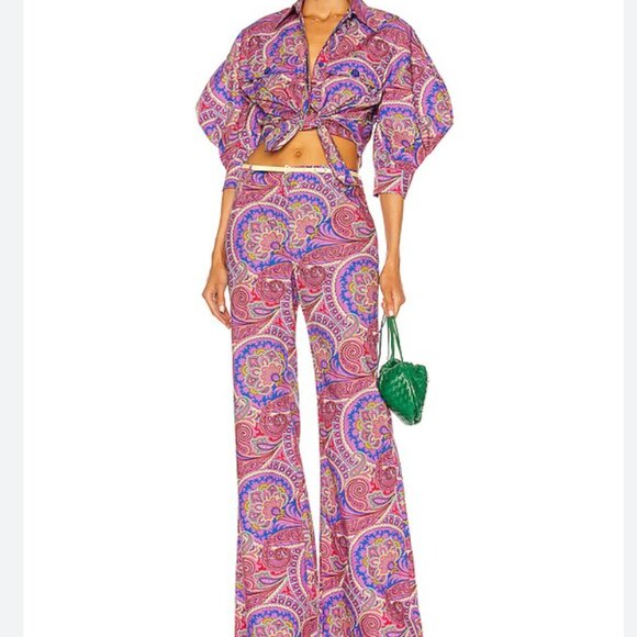 Alexis Berwyn Button Down Blouse Puff Sleeve Berry Paisley and Salima Pants Set - Picture 1 of 16